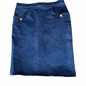Vintage classic CHANEL blue denim skirt, gold logo embossed metal buttons(M/L)